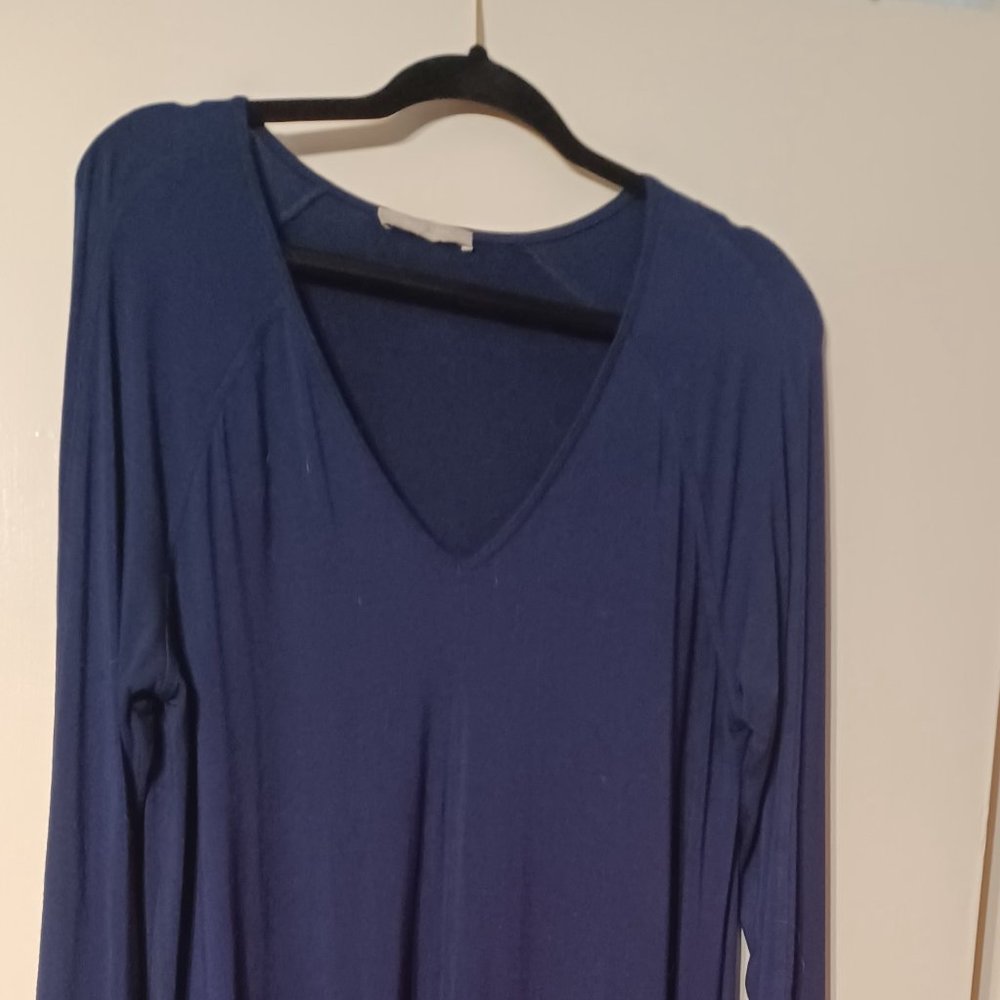 Joan Vass Dark Blue Long Sleeve Slant Cut on Bottom Women's Blouse Size L
